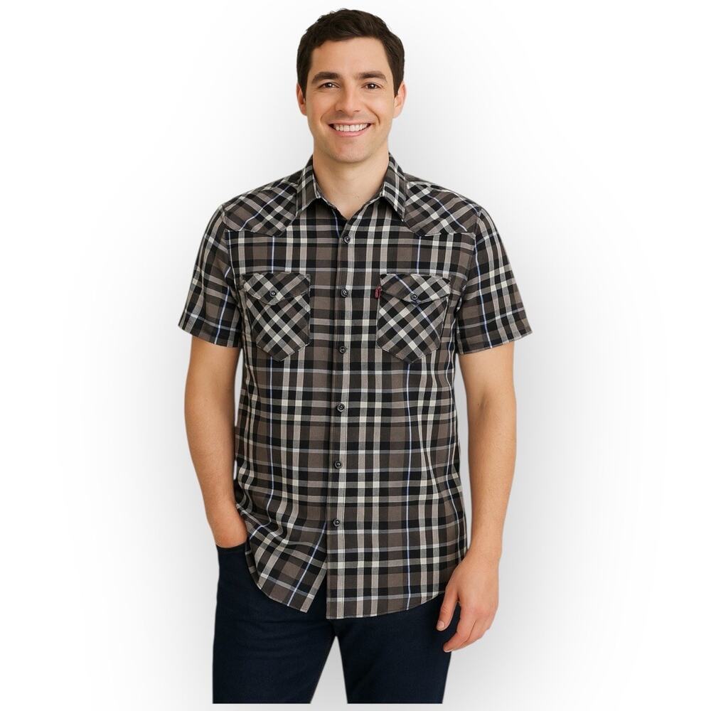 EUC Levi’s Western Plaid Short Sleeve Shirt – Size L – Gray/Black Check 111L